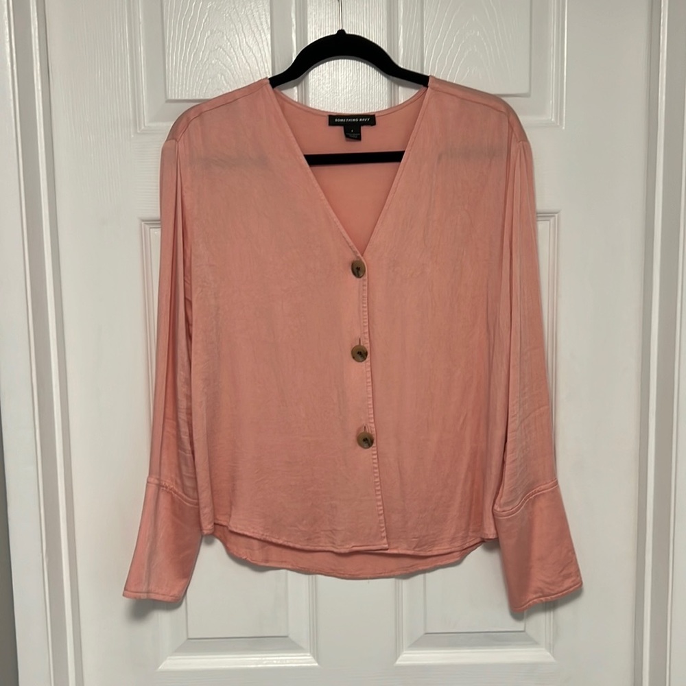 Something Navy Pink Button Front Long Sleeve Top - image 3